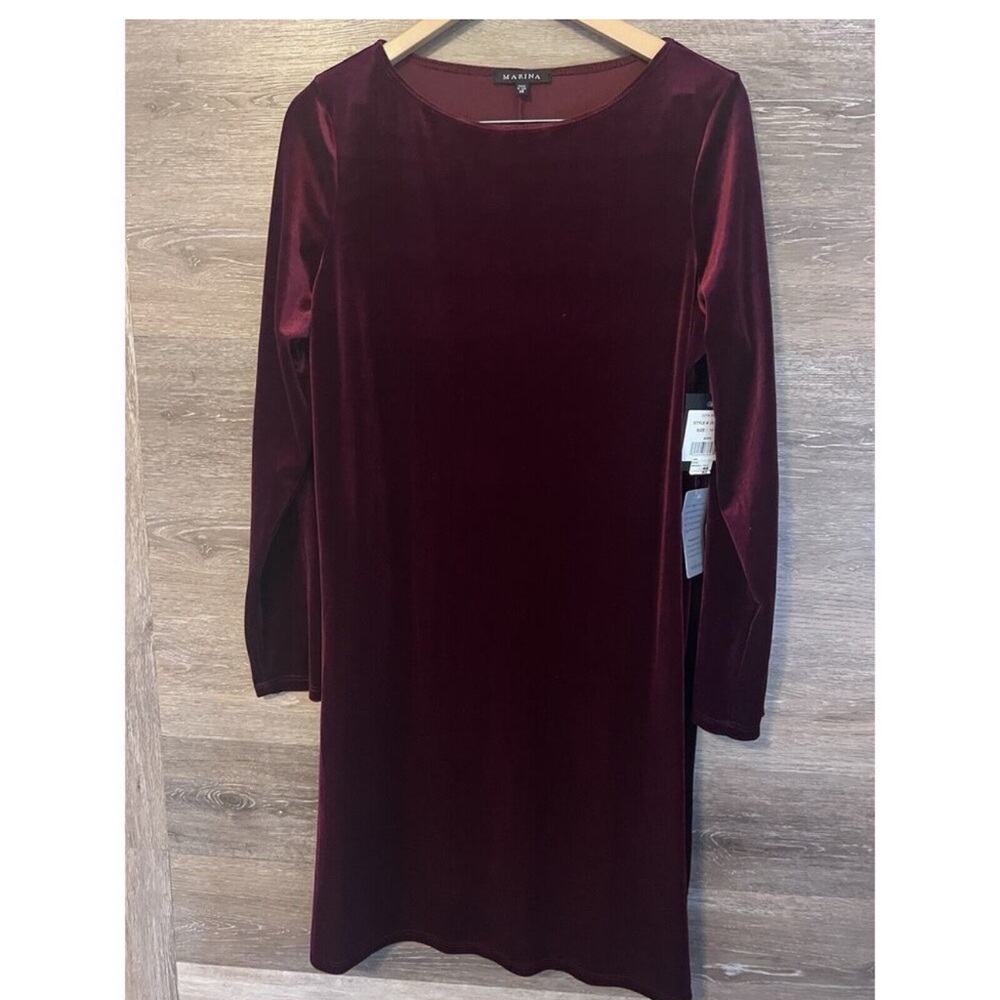 MARINA Burgundy Red Velvet Long Sleeves Midi Gown 14 New Holiday